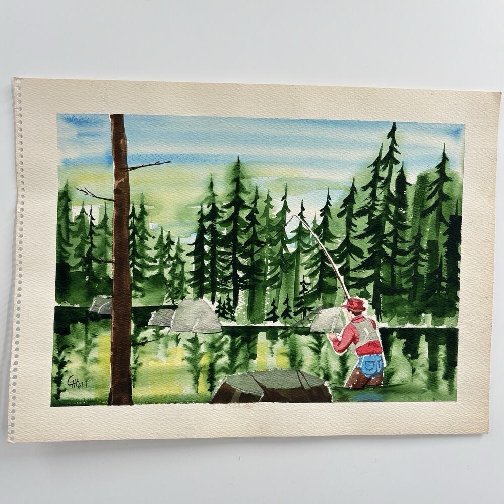 Vtg Maine Painting Fly Fishing Lake Pine Trees Downeast Watercolor